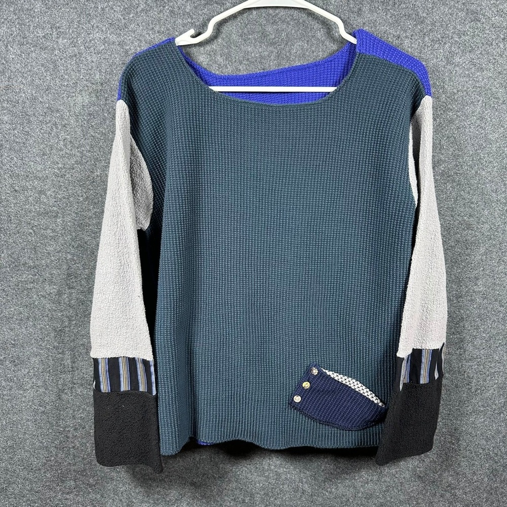 Double Sided Colorblock Patchwork Knit Top Blue Gray Green Black Size M‎